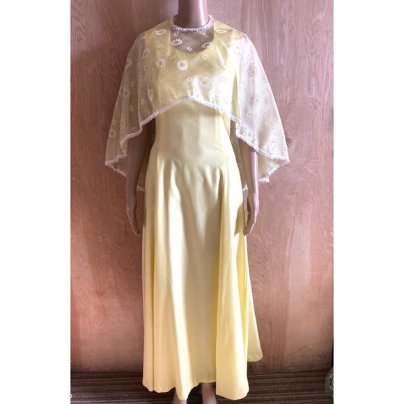 1960s Polyester Handmade Yellow Maxi Dress Sheer Floral Overlay Sz S Cottagecore - Picture 1 of 16